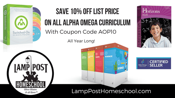 Save 10% off Alpha Omega Curriculum with #CouponCode AOP10 all year long. Save 10% off Alpha Omega Curriculum with #CouponCode AOP10 all year long at LampPostHomeschool.com.
